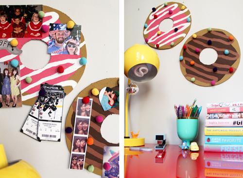 Donut bulletin board with sprinkle push pins, does it get anything cuter than that? Via