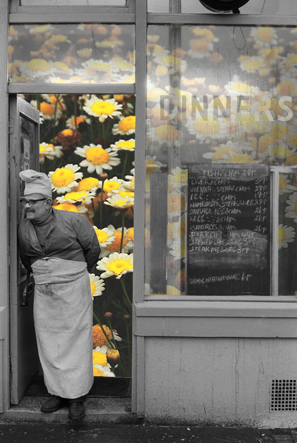 Brick Lane cafe owner. East London England. 1974