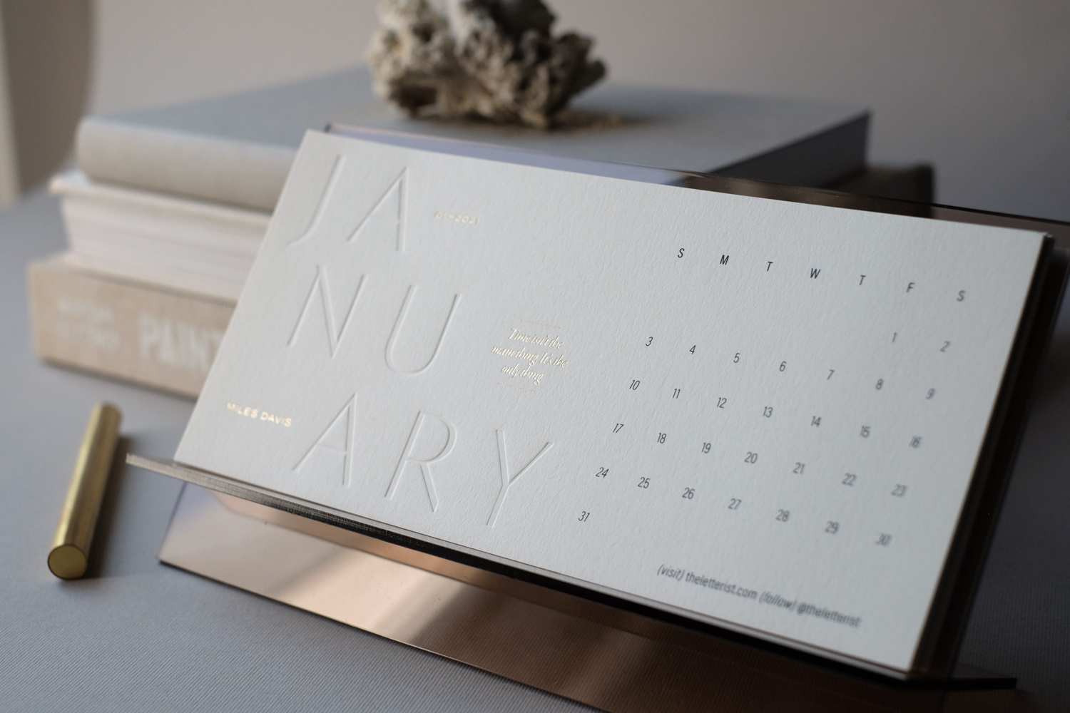 Minimal LTRST desk calendar for 2021 is blind debossed on Color STYLE Fresh papers