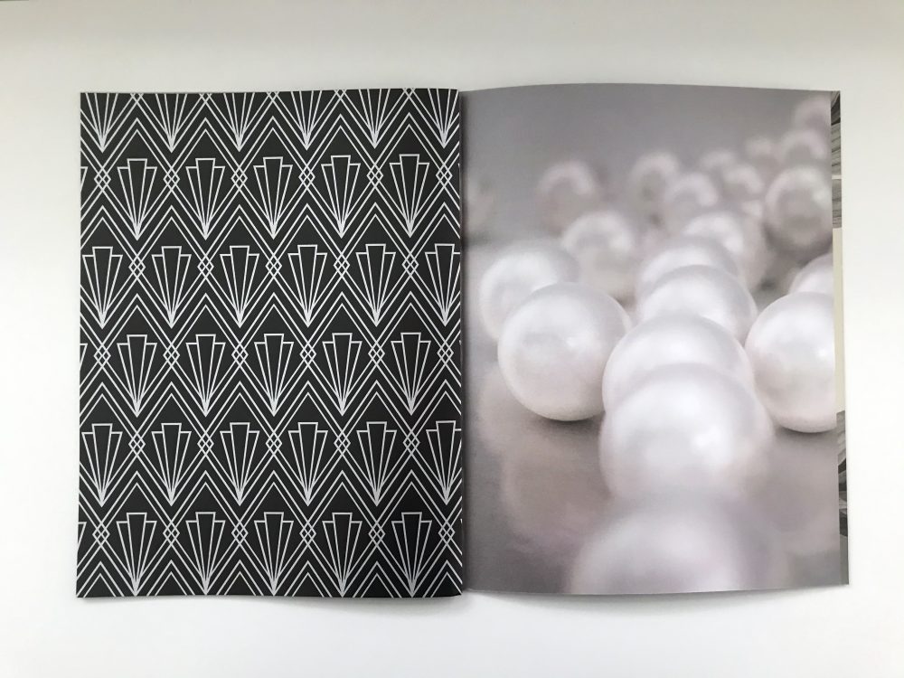 Detailed product example of a shiny pearl and geometrical pattern example.